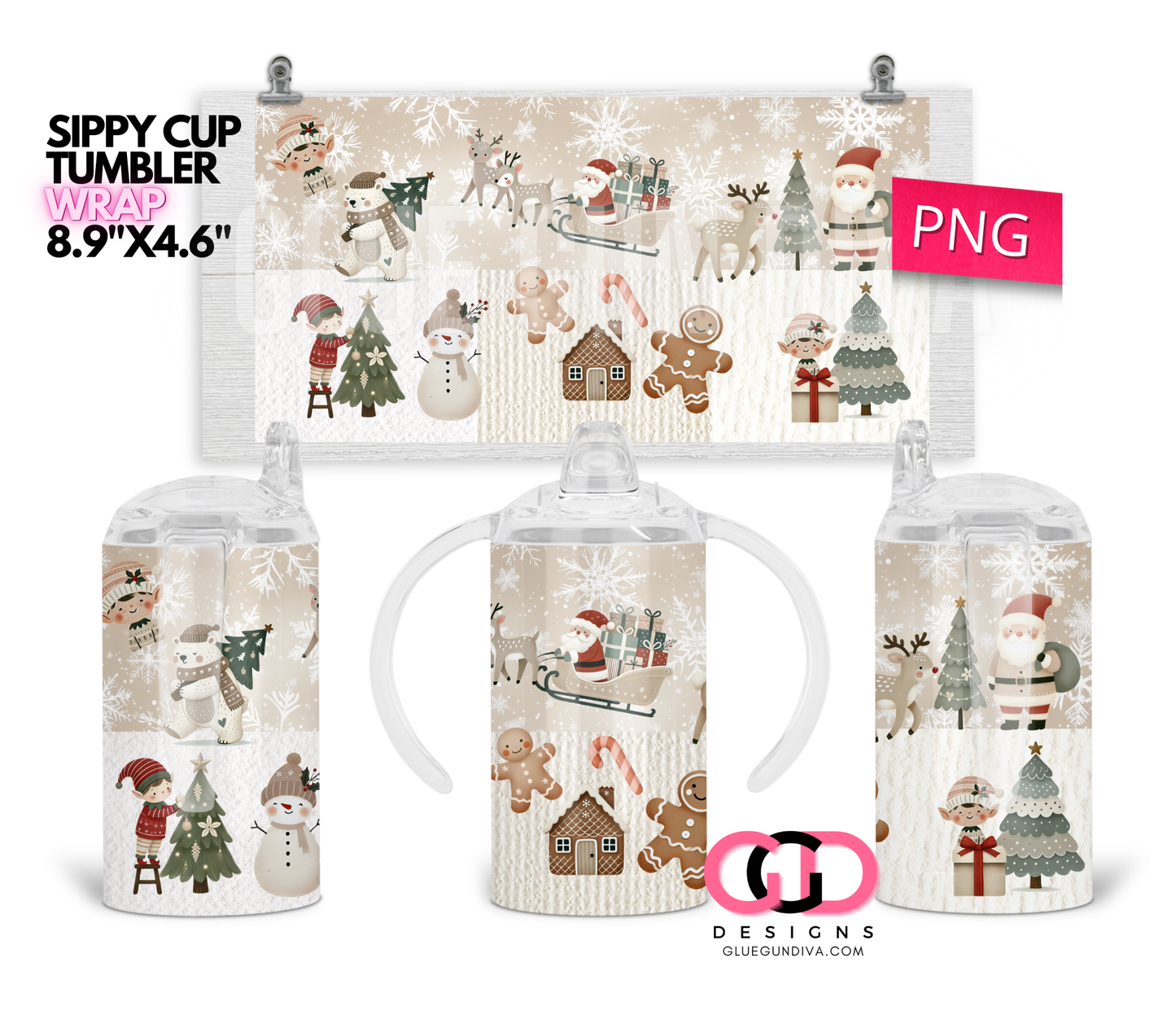 Cute Boho Christmas - Digital Sippy Cup Wrap for kid's cups 12 oz