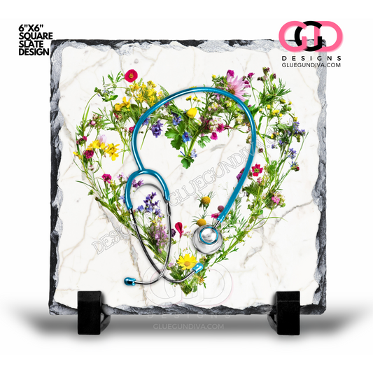 Stethoscope Heart Flowers Square-  Digital Image for a Slate