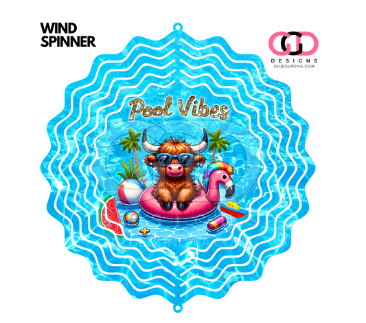 Highland Cow Pool Vibes-   Digital image for an 8 Inch Wind Spinner