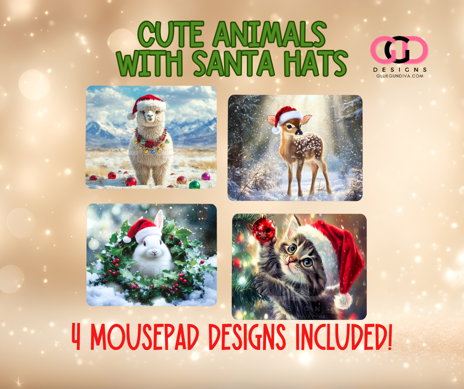 Cute Animals with Santa Hats - 4 Designs for Mouse Pads