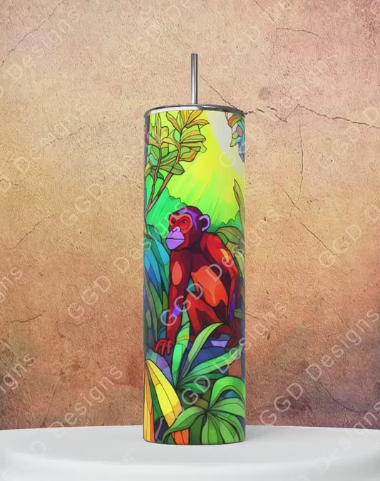 Jungle Stained Glass Monkey-   Digital tumbler wrap for 20 oz skinny straight tumbler