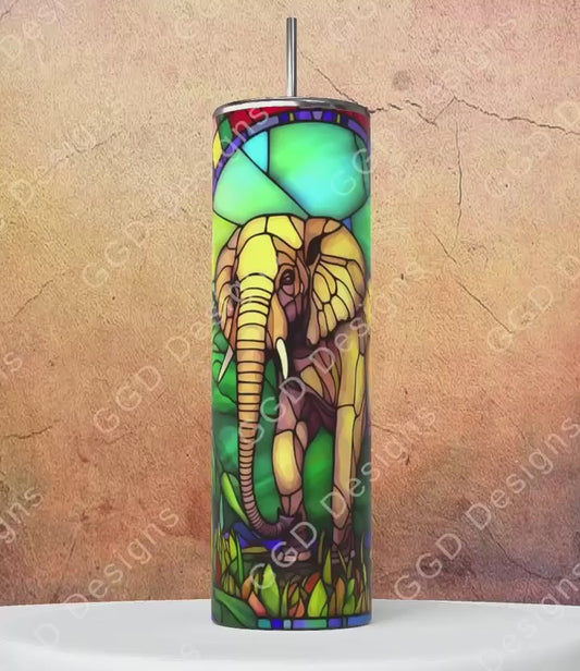 Jungle Stained Glass Elephant-   Digital tumbler wrap for 20 oz skinny straight tumbler