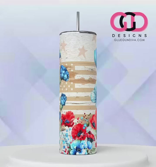 Rustic Patriotic Flowers -   Digital tumbler wrap for 20 oz skinny straight tumbler