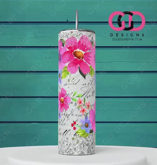 Flowers with Silver Gems-   Digital tumbler wrap for 20 oz skinny straight tumbler