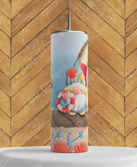 Beach Nautical Gnome Party-   Digital tumbler wrap for 20 oz skinny straight tumbler