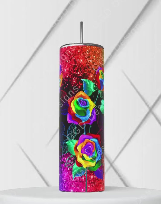 Rainbow Flowers-   Digital tumbler wrap for 20 oz skinny straight tumbler