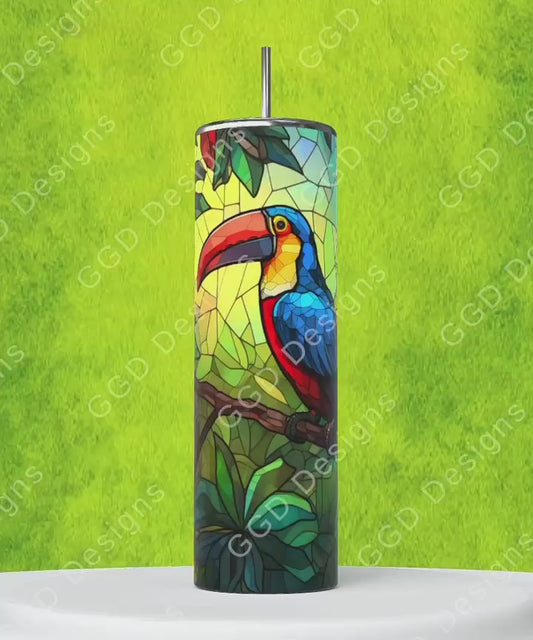 Jungle Stained Glass Toucan-   Digital tumbler wrap for 20 oz skinny straight tumbler