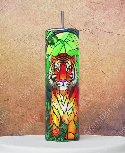 Jungle Stained Glass Tiger-   Digital tumbler wrap for 20 oz skinny straight tumbler