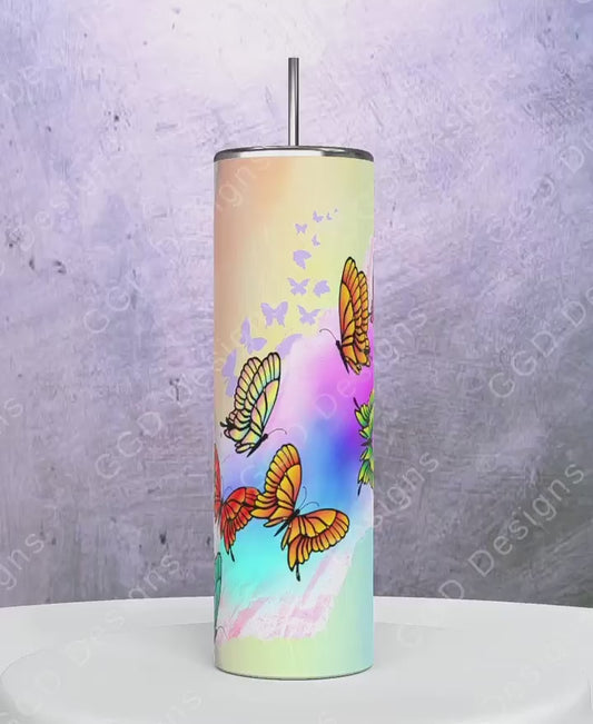 Butterfly Rainbow-   Digital tumbler wrap for 20 oz skinny straight tumbler