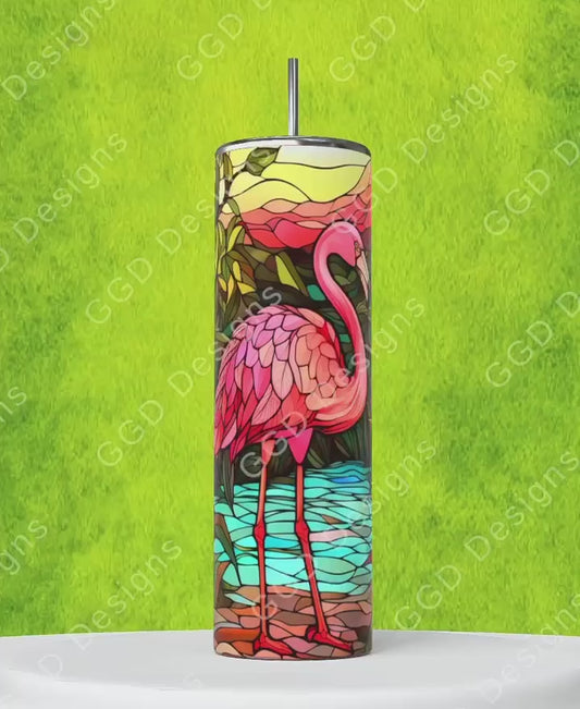 Jungle Stained Glass Flamingo-   Digital tumbler wrap for 20 oz skinny straight tumbler