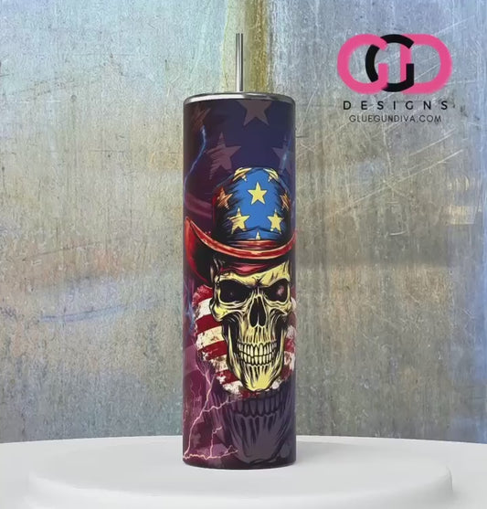 Electric Patriotic Skull-   Digital tumbler wrap for 20 oz skinny straight tumbler