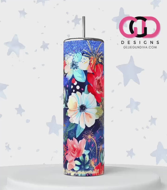 Patriotic Flowers and Fireworks -   Digital tumbler wrap for 20 oz skinny straight tumbler