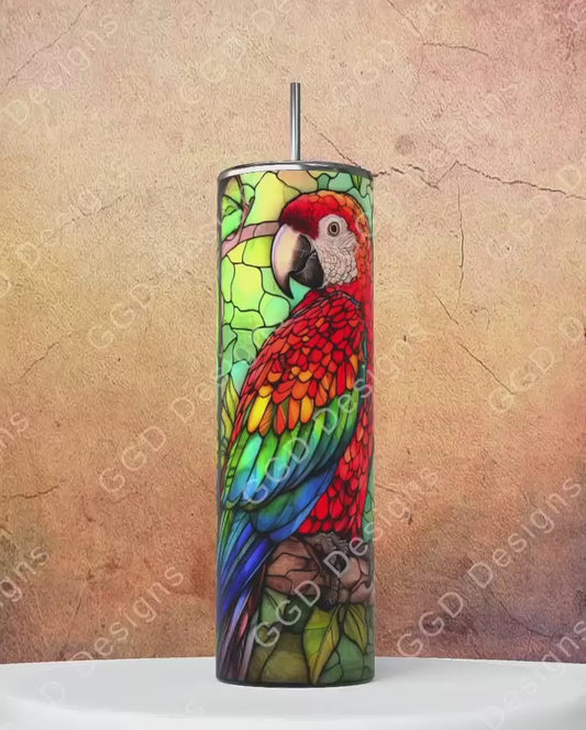 JUNGLE STAINED GLASS PARROT-   Digital tumbler wrap for 20 oz skinny straight tumbler