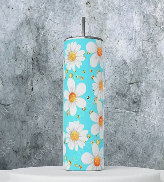 White Flowers with Gems -   Digital tumbler wrap for 20 oz skinny straight tumbler