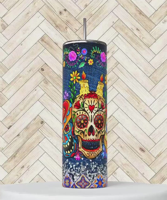 Sugar Skulls Denim-   Digital tumbler wrap for 20 oz skinny straight tumbler