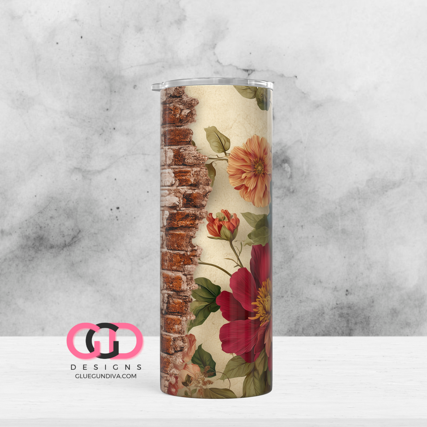 Vintage Brick Wall Flowers- Digital tumbler wrap for 20 oz skinny straight tumbler