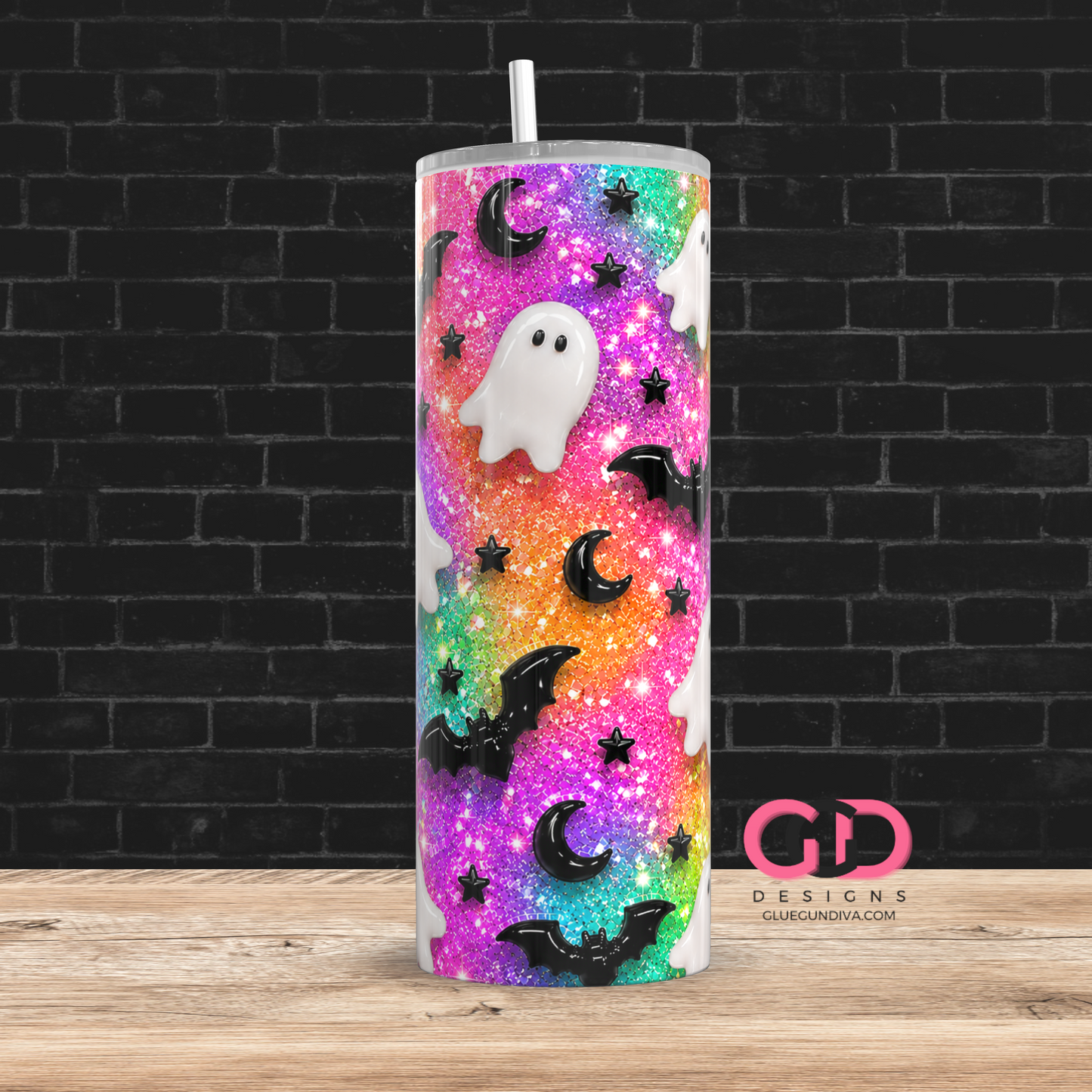 Glossy Ghosts Happy Colors  -  Digital tumbler wrap for 20 oz skinny straight tumbler