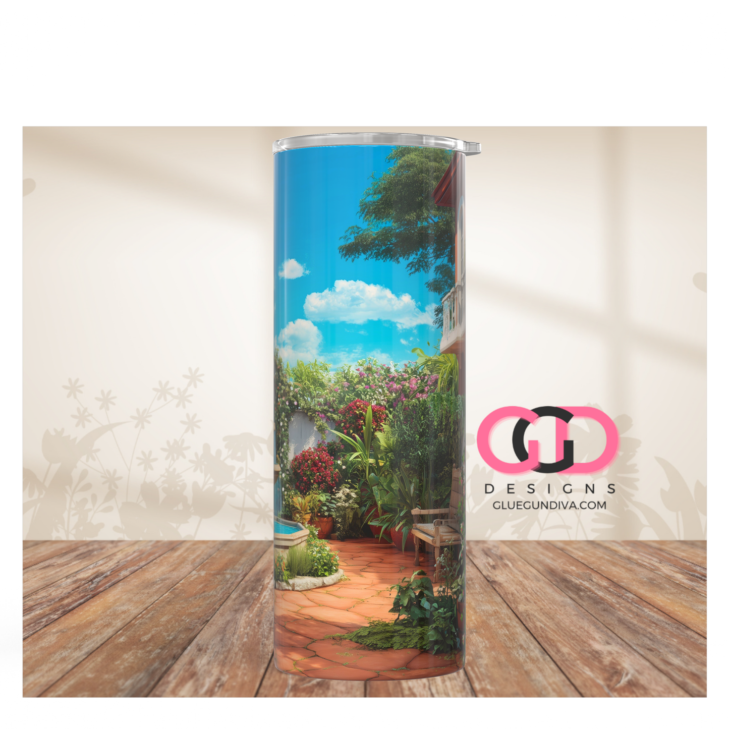 Spanish Villa Garden -   Digital tumbler wrap for 20 oz skinny straight tumbler