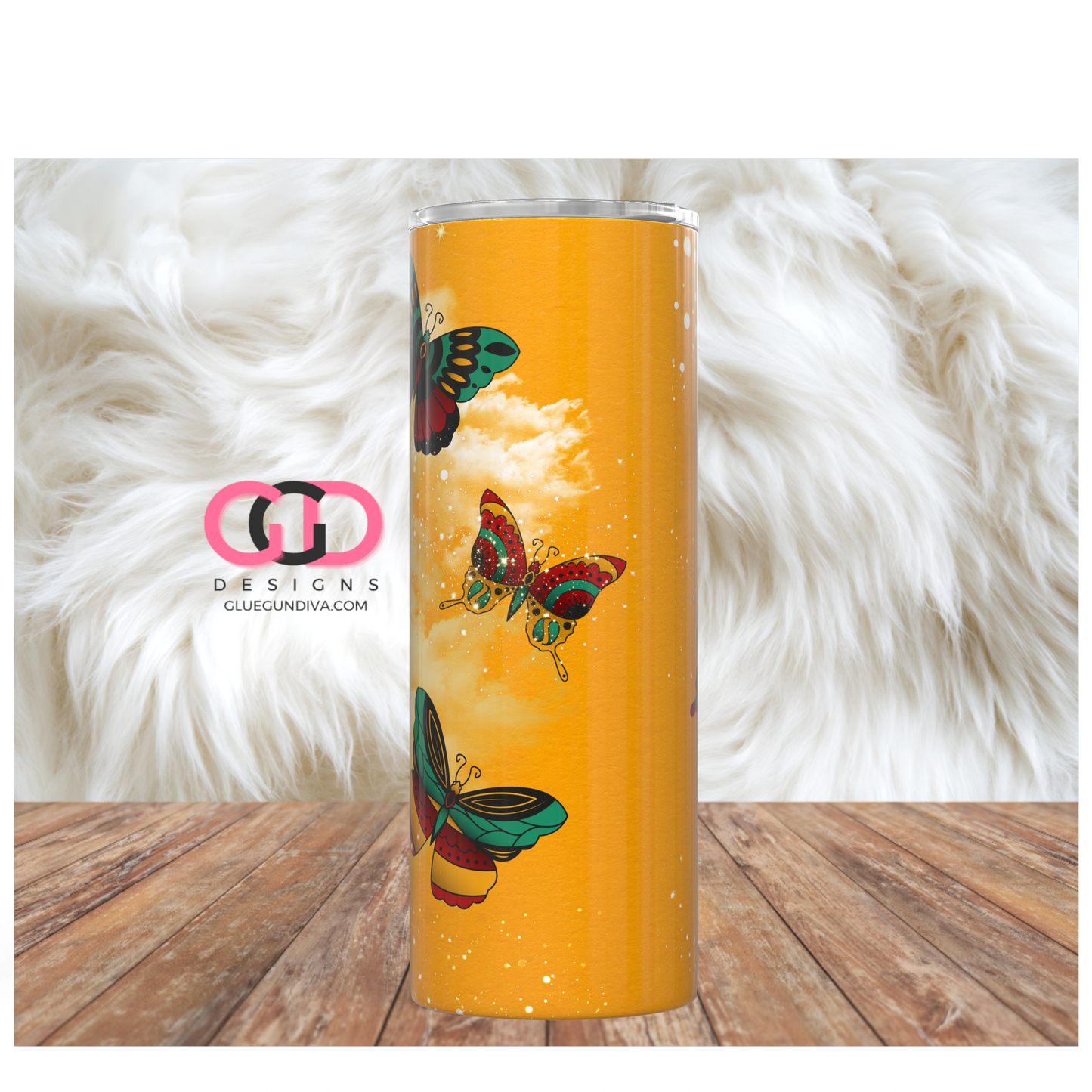 Butterflies on Mustard Swirl -  Digital tumbler wrap for 20 oz skinny straight tumbler