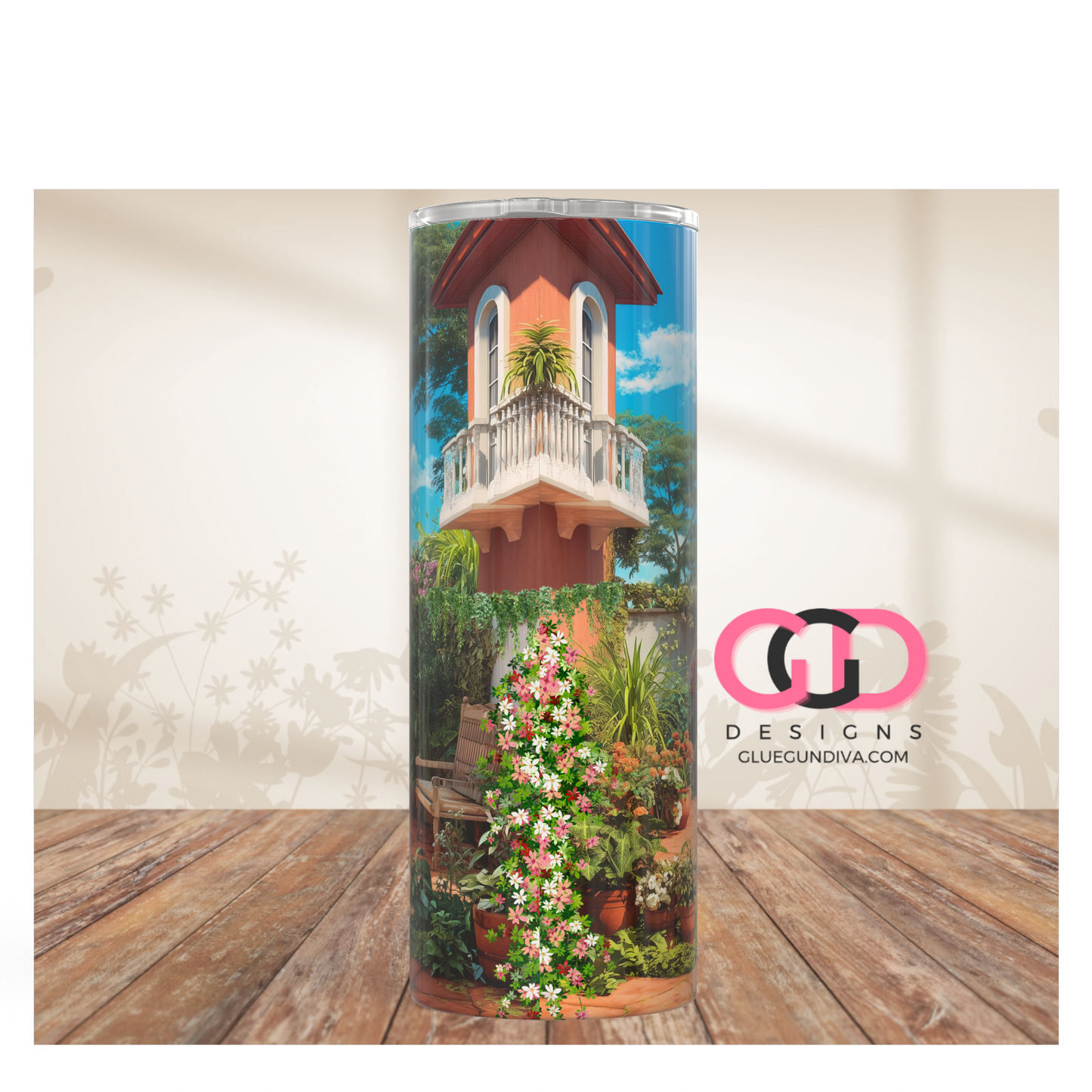 Spanish Villa Garden -   Digital tumbler wrap for 20 oz skinny straight tumbler