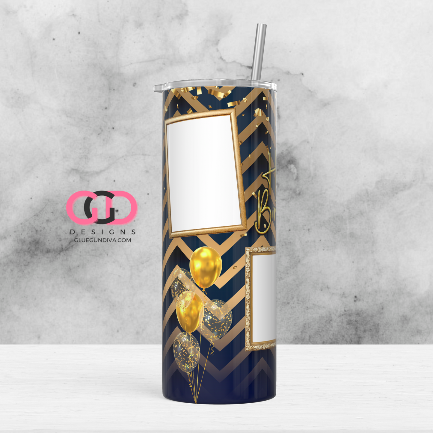 Happy Birthday Navy and Gold with Balloons photo tumbler-   Digital tumbler wrap for 20 oz skinny straight tumbler