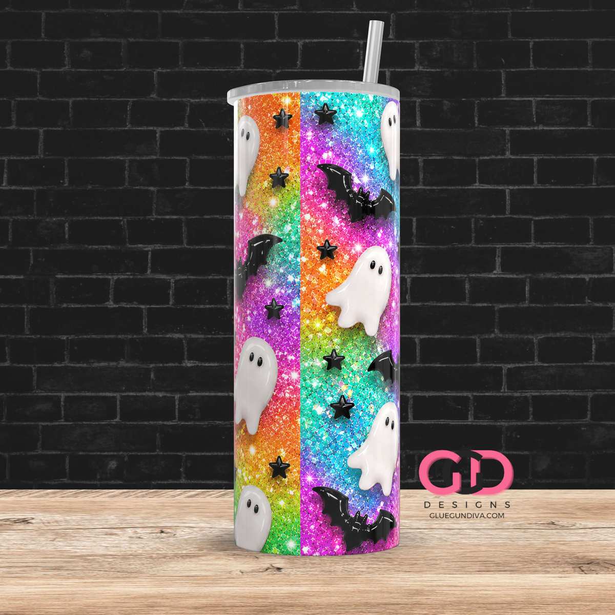 Glossy Ghosts Happy Colors  -  Digital tumbler wrap for 20 oz skinny straight tumbler