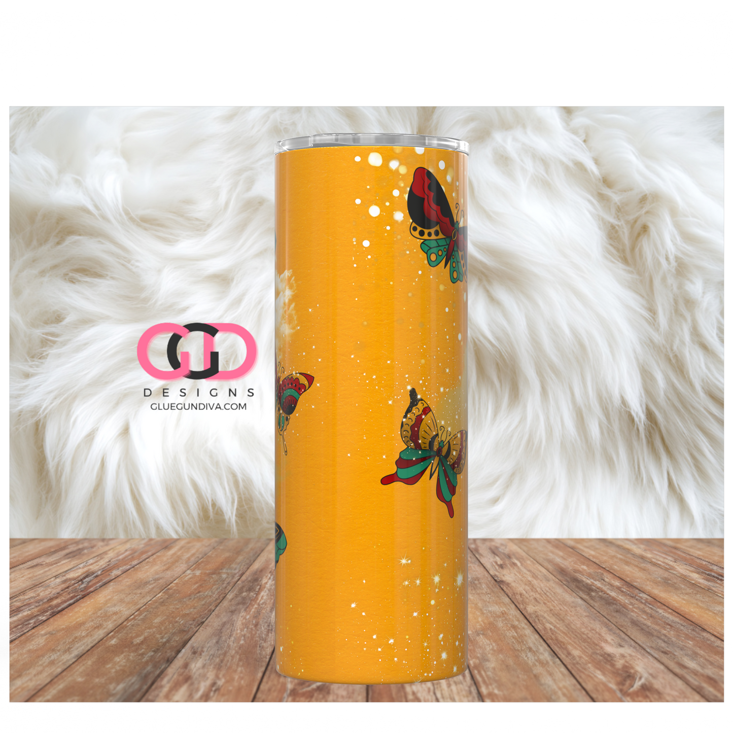 Butterflies on Mustard Swirl -  Digital tumbler wrap for 20 oz skinny straight tumbler