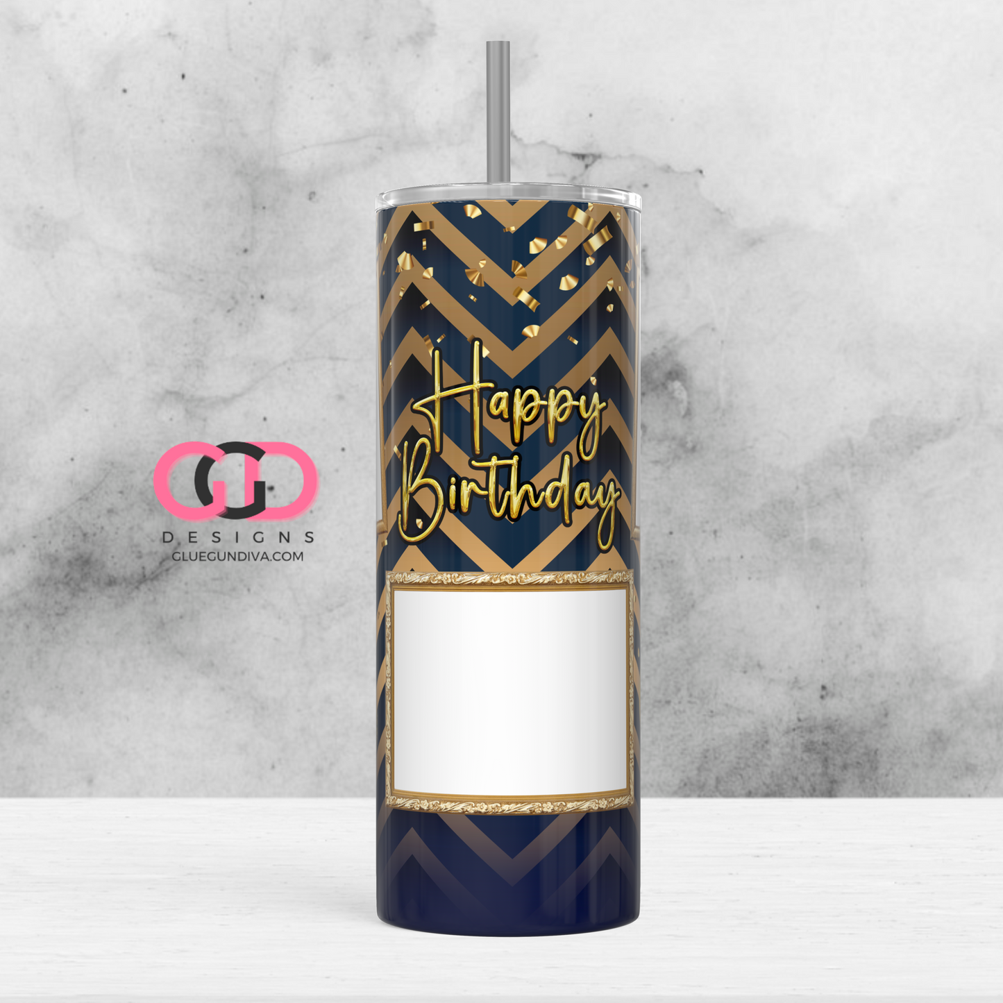 Happy Birthday Navy and Gold with Balloons photo tumbler-   Digital tumbler wrap for 20 oz skinny straight tumbler