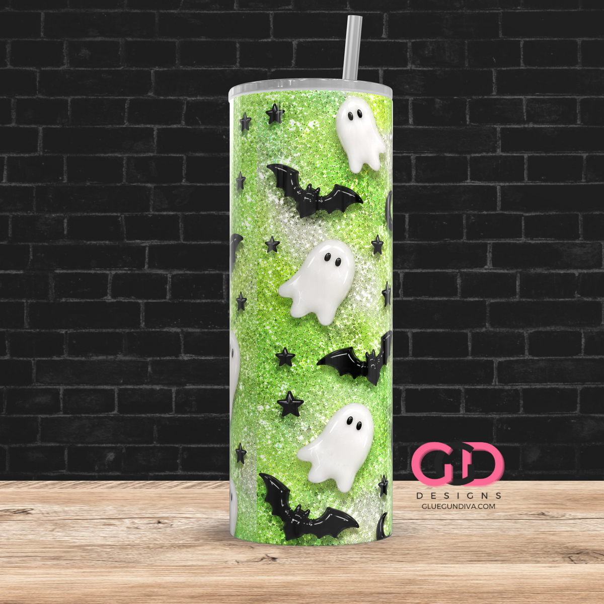 Glossy Ghosts Lime Green -  Digital tumbler wrap for 20 oz skinny straight tumbler