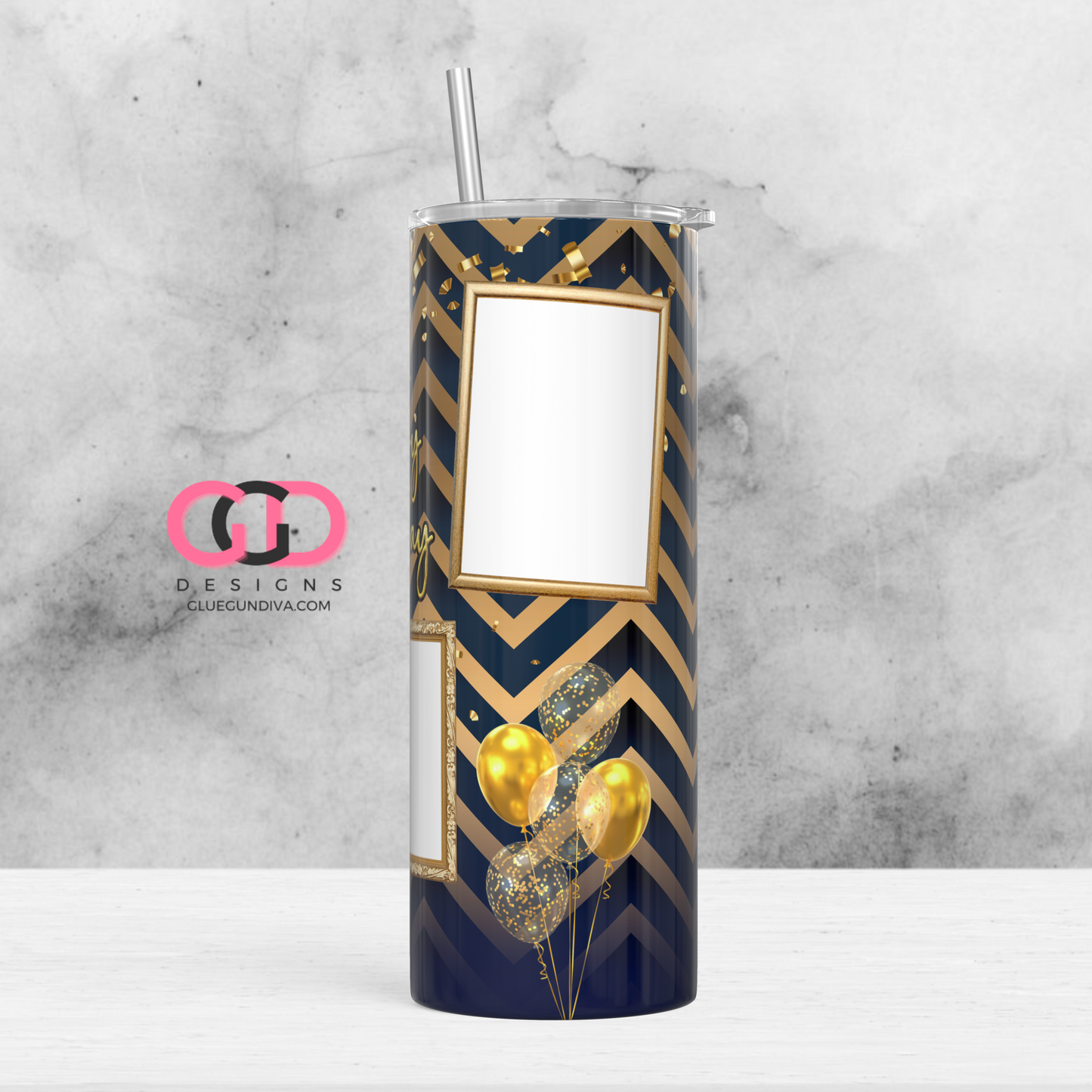 Happy Birthday Navy and Gold with Balloons photo tumbler-   Digital tumbler wrap for 20 oz skinny straight tumbler