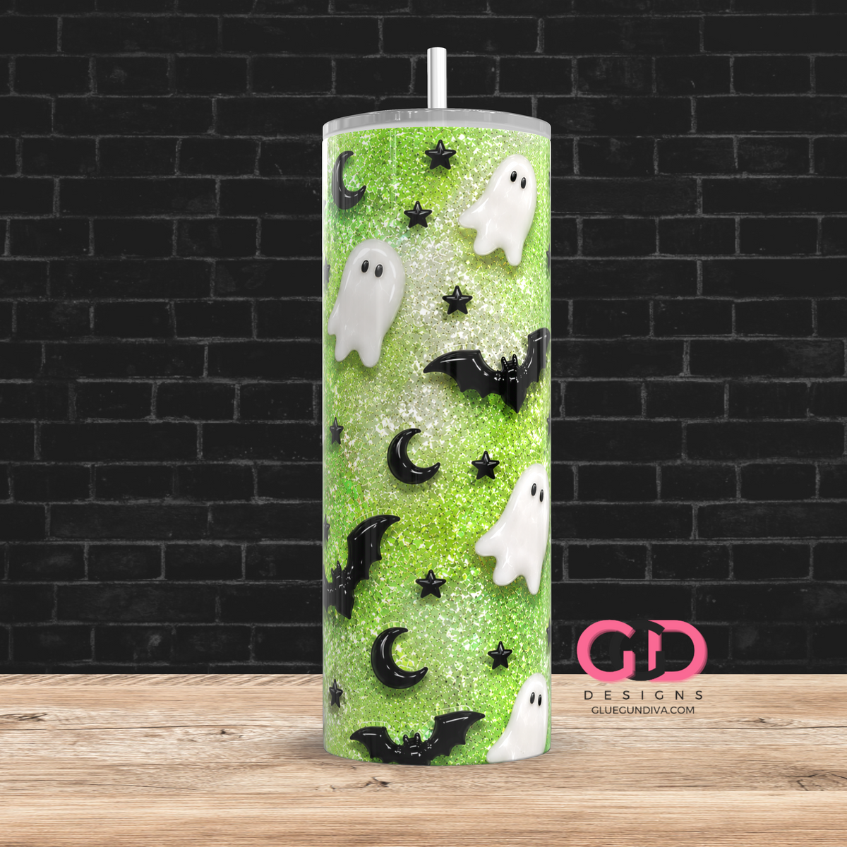 Glossy Ghosts Lime Green -  Digital tumbler wrap for 20 oz skinny straight tumbler