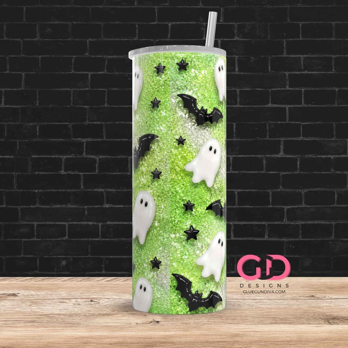 Glossy Ghosts Lime Green -  Digital tumbler wrap for 20 oz skinny straight tumbler