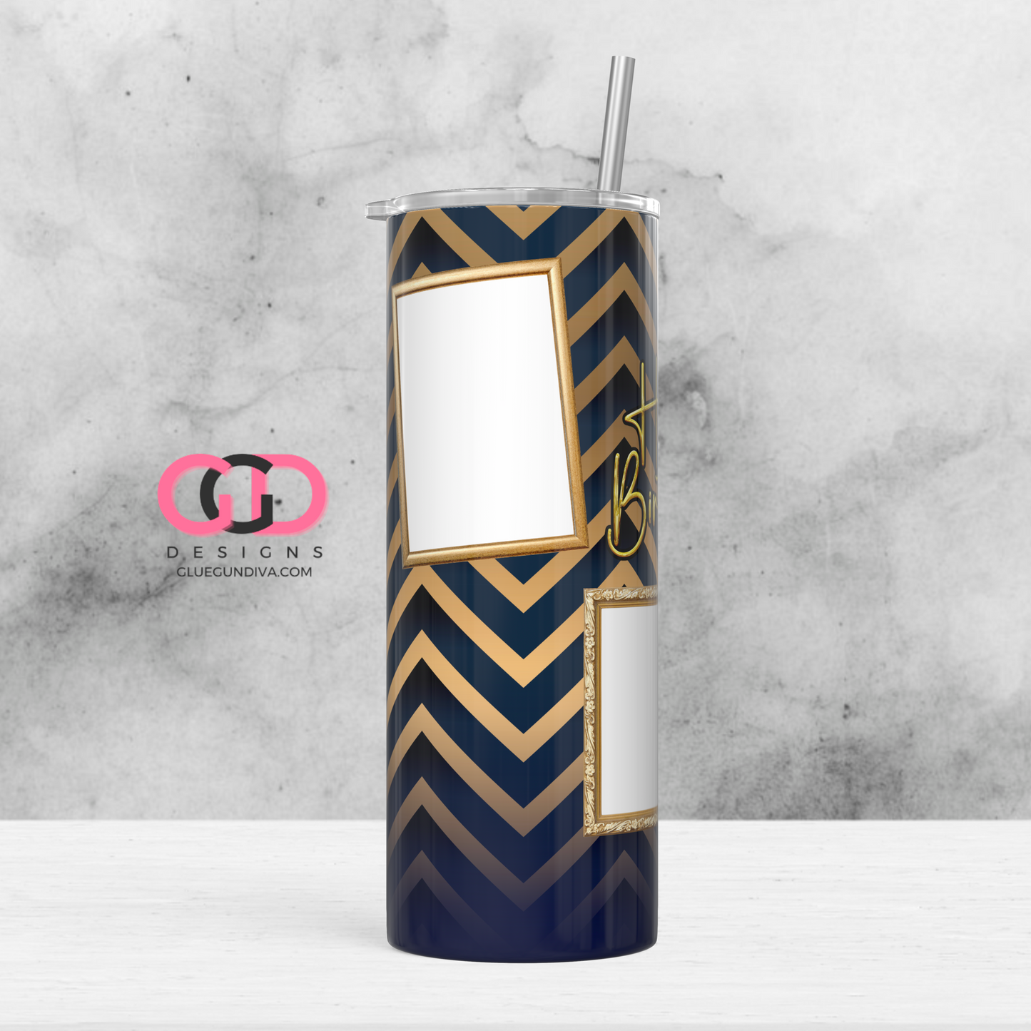 Happy Birthday Navy and Gold photo tumbler-   Digital tumbler wrap for 20 oz skinny straight tumbler