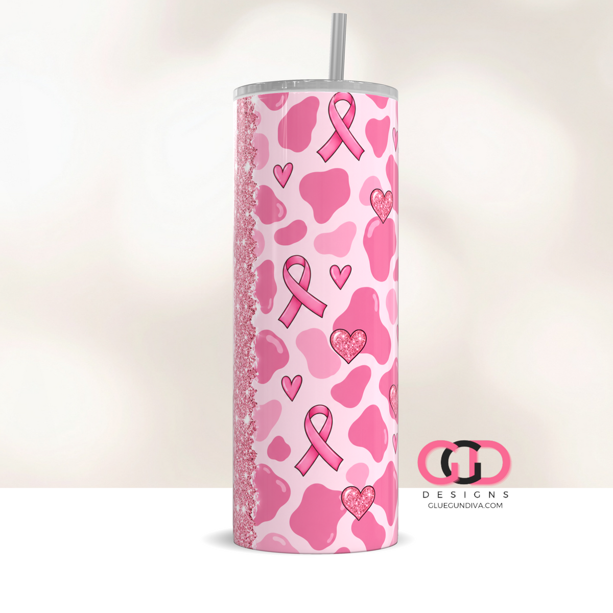 Pink Ribbon Cow Pattern - Digital tumbler wrap for 20 oz skinny straight tumbler