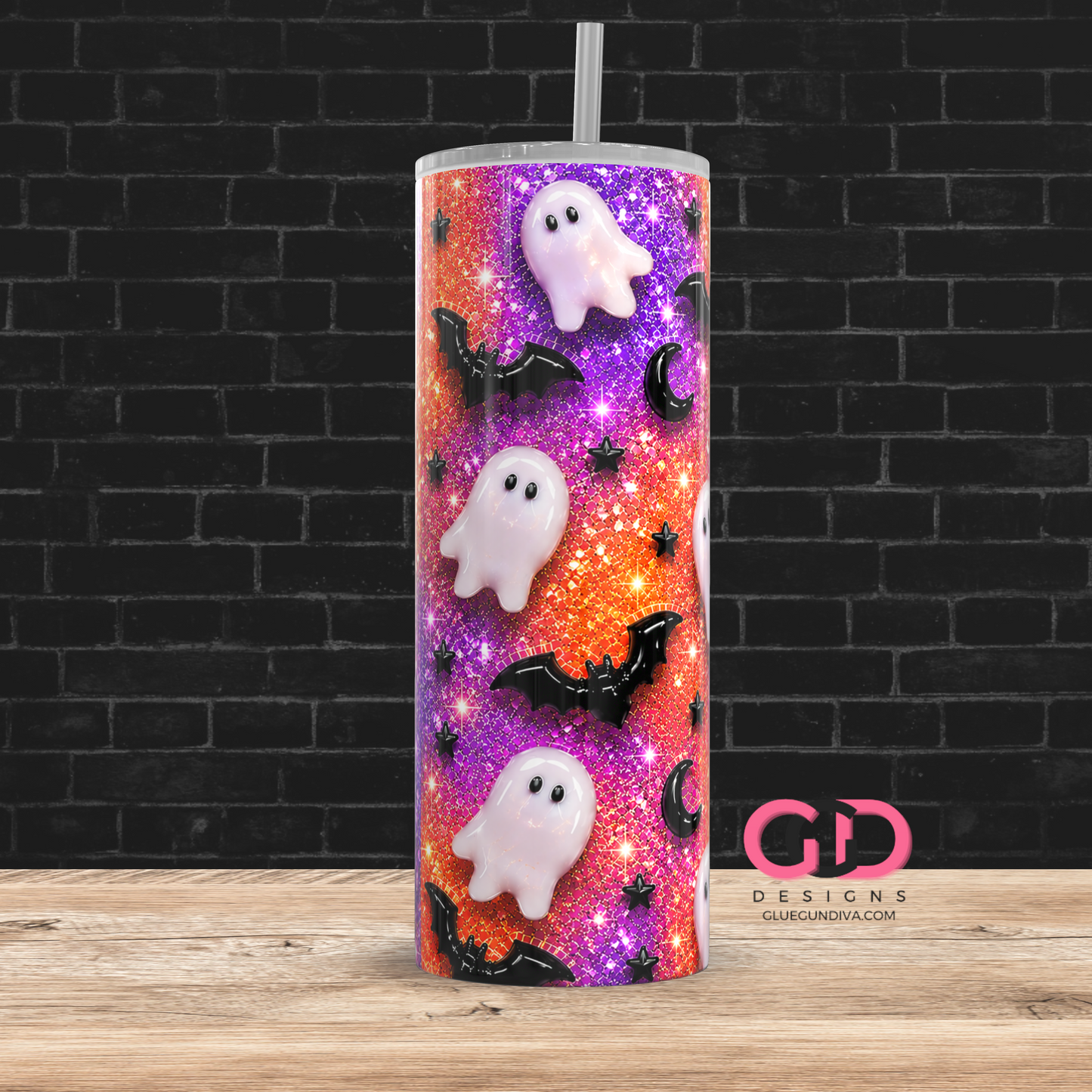 Glossy Ghosts Orange and Purple -  Digital tumbler wrap for 20 oz skinny straight tumbler