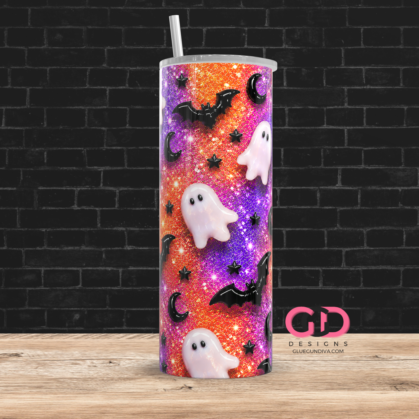 Glossy Ghosts Orange and Purple -  Digital tumbler wrap for 20 oz skinny straight tumbler