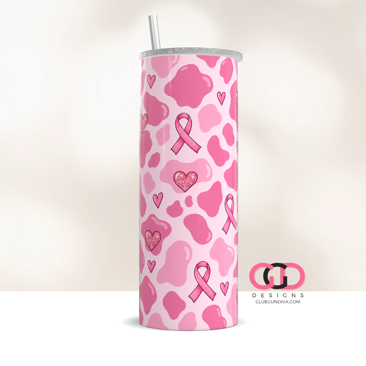 Pink Ribbon Cow Pattern - Digital tumbler wrap for 20 oz skinny straight tumbler