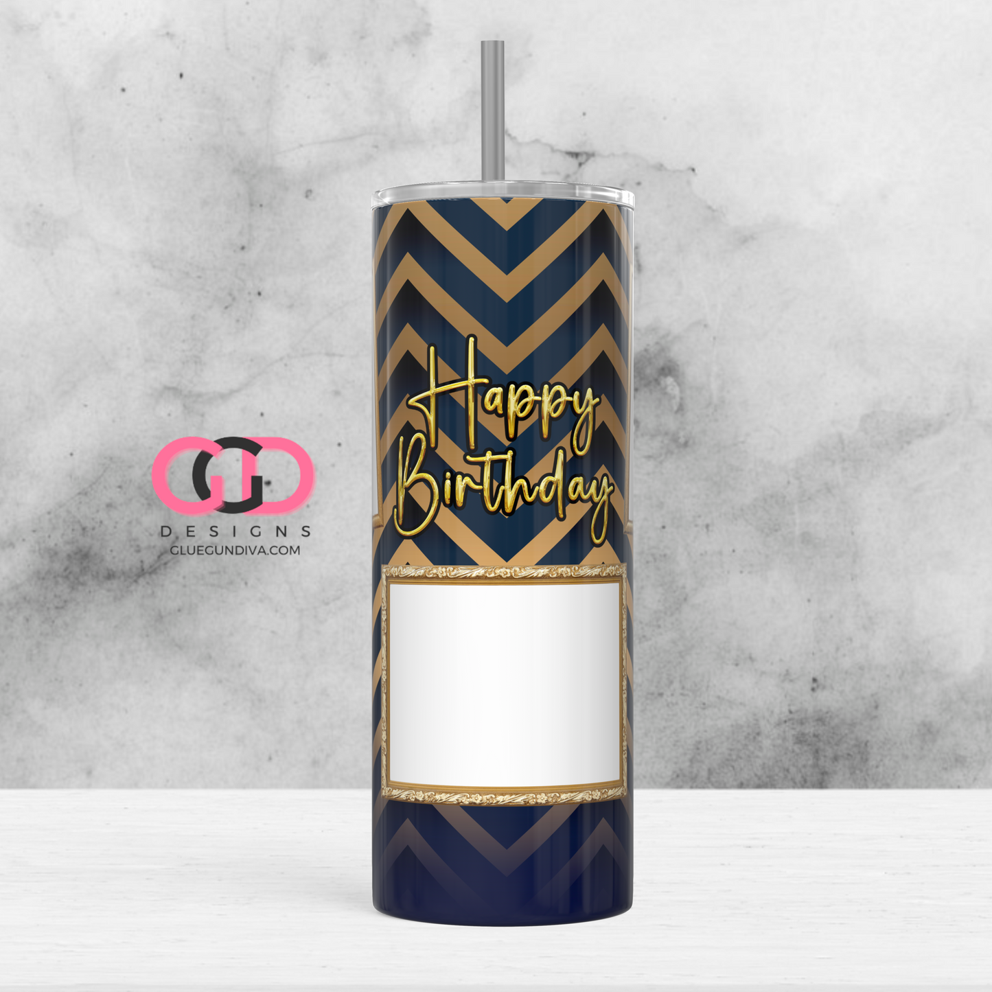Happy Birthday Navy and Gold photo tumbler-   Digital tumbler wrap for 20 oz skinny straight tumbler