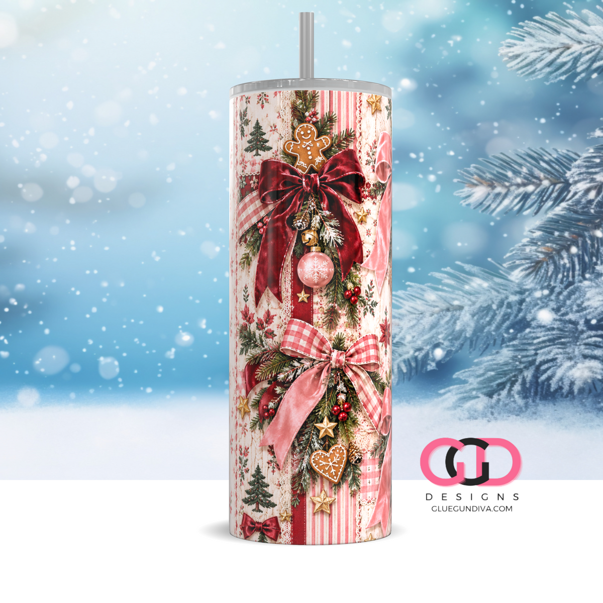 Velvet Bows Christmas -  Digital tumbler wrap for 20 oz skinny straight tumbler