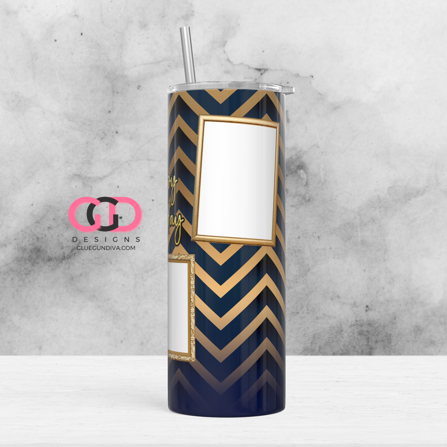 Happy Birthday Navy and Gold photo tumbler-   Digital tumbler wrap for 20 oz skinny straight tumbler