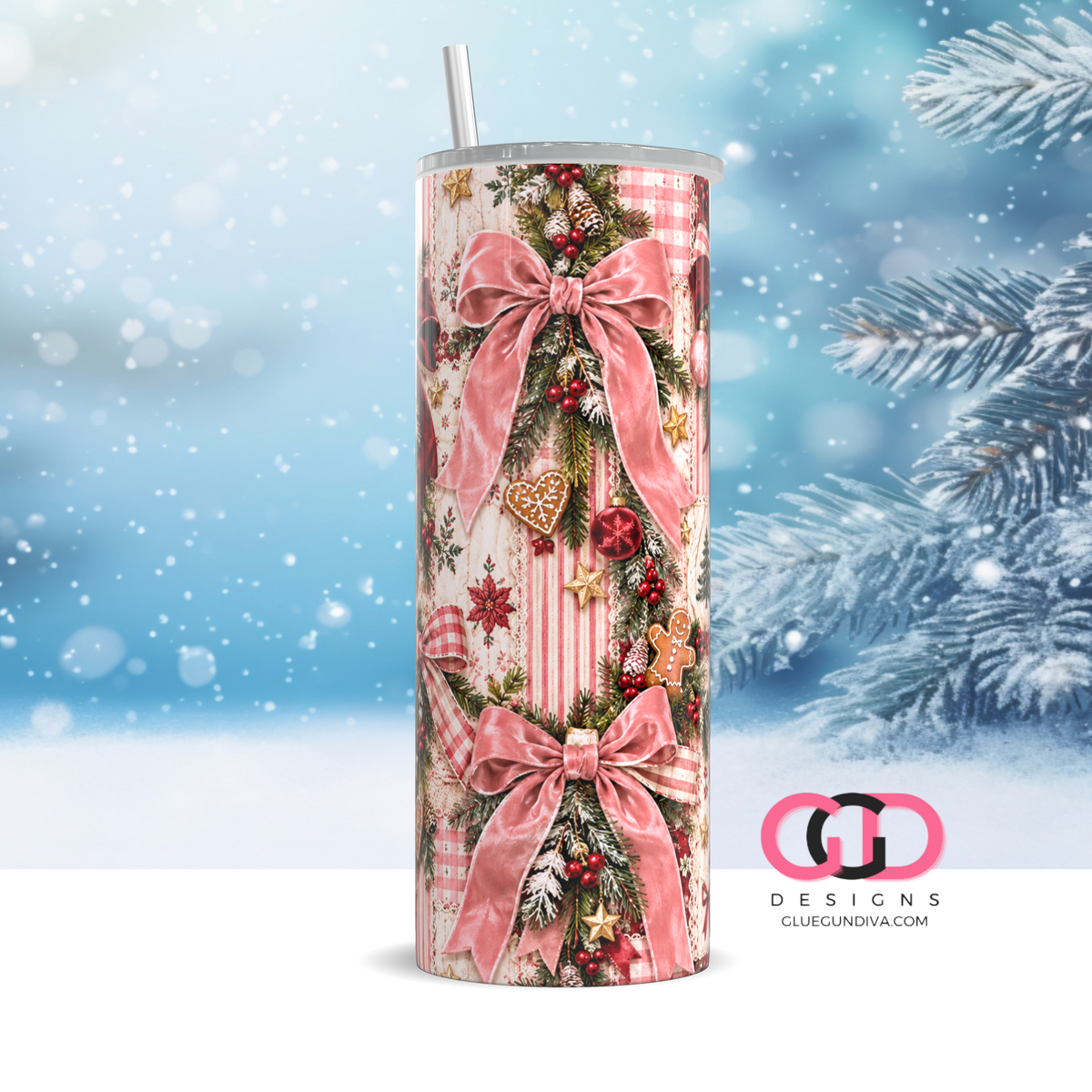 Velvet Bows Christmas -  Digital tumbler wrap for 20 oz skinny straight tumbler