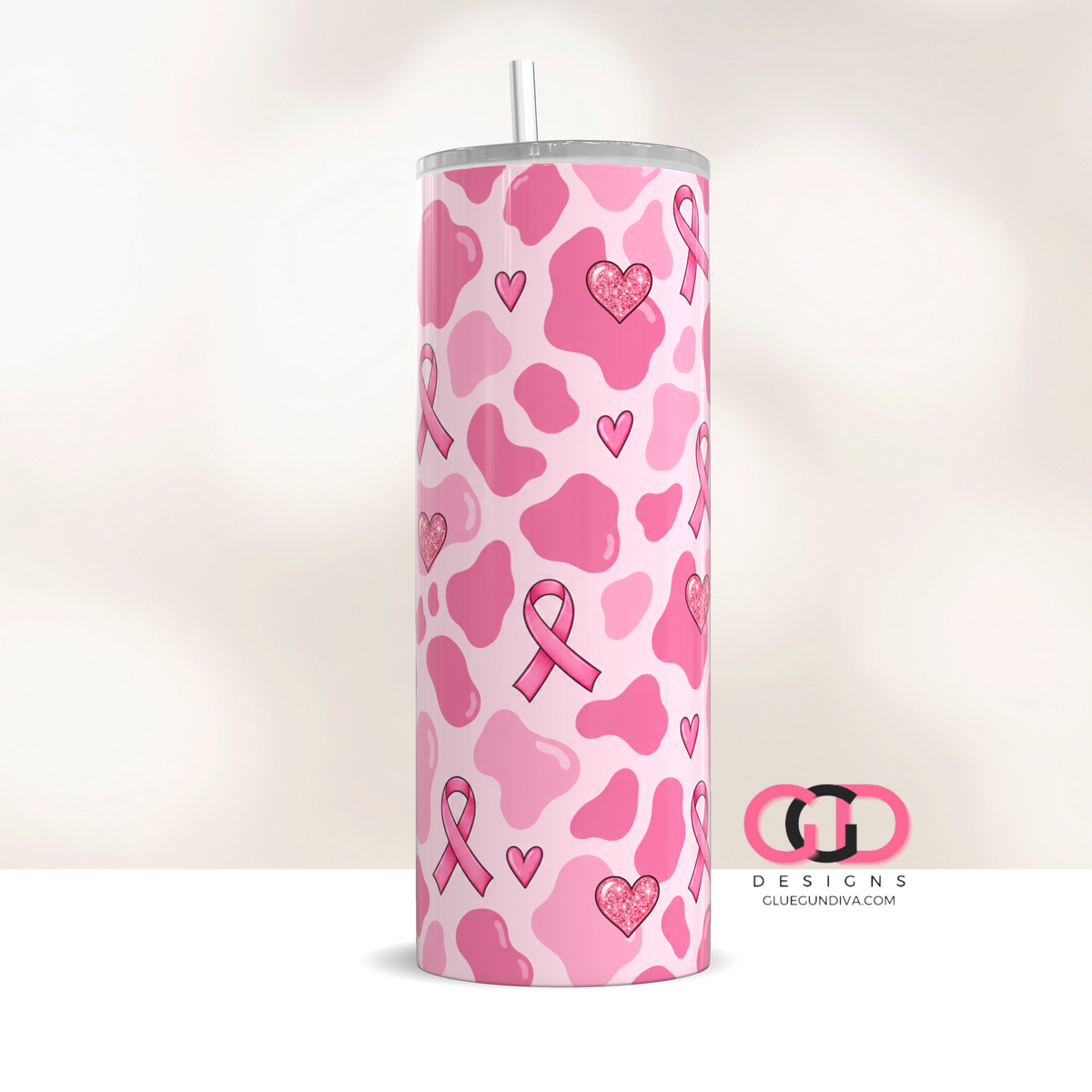 Pink Ribbon Cow Pattern - Digital tumbler wrap for 20 oz skinny straight tumbler