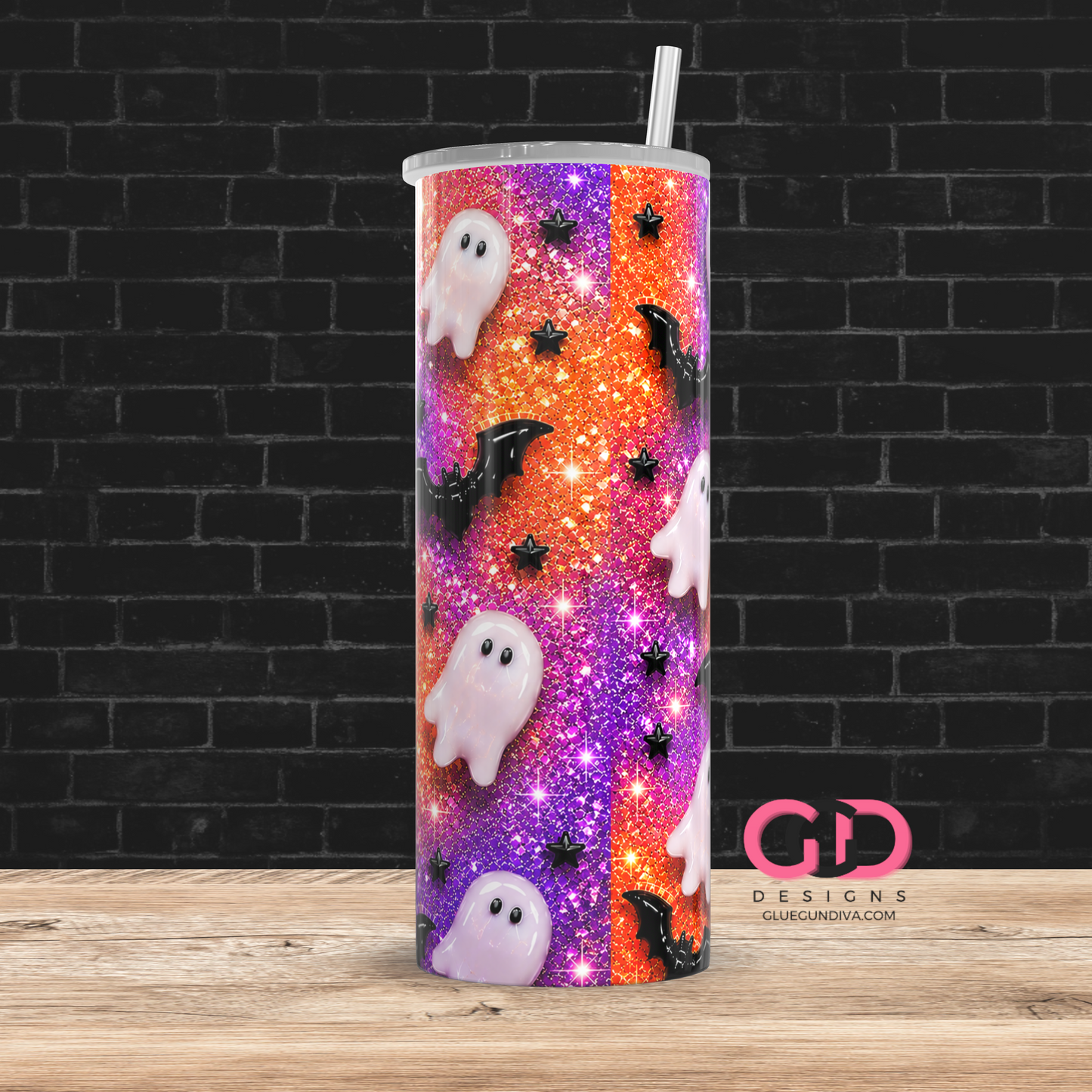 Glossy Ghosts Orange and Purple -  Digital tumbler wrap for 20 oz skinny straight tumbler