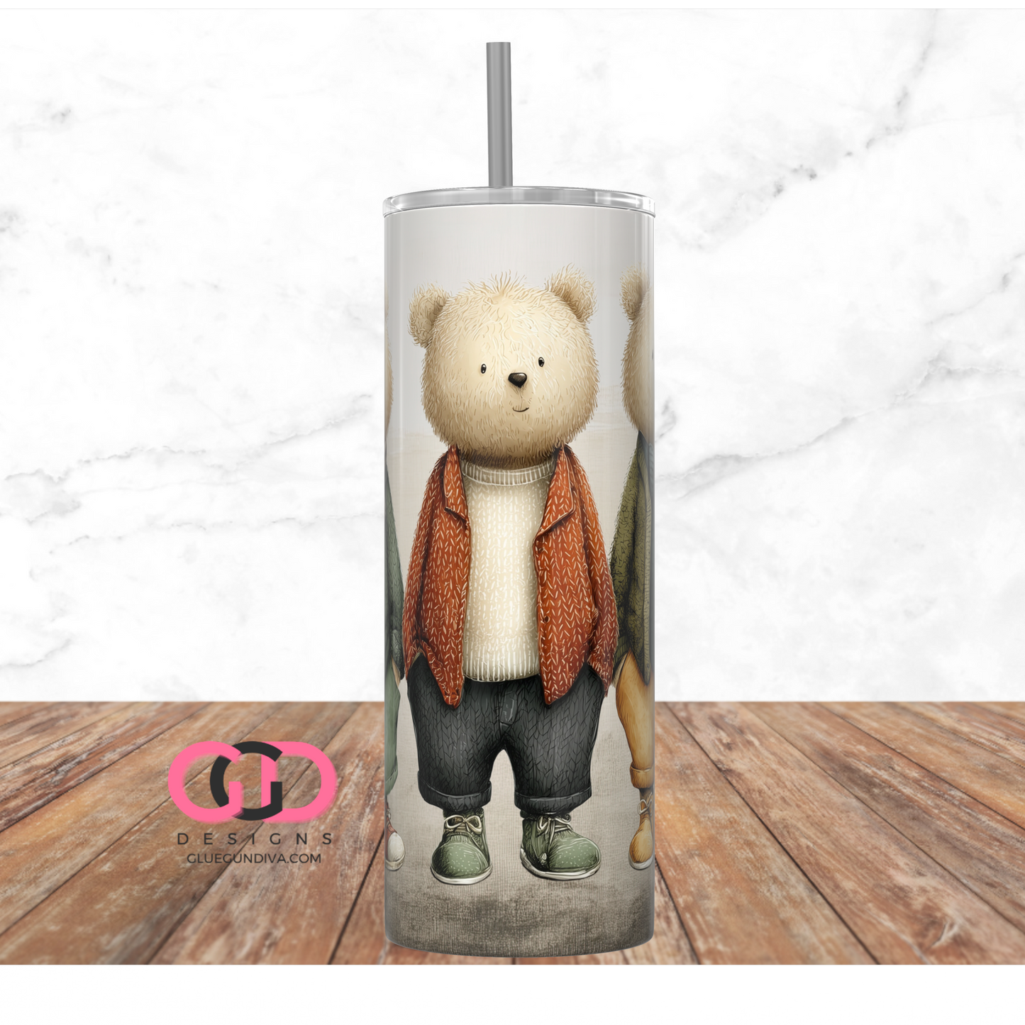3 Standing Male Bears -  Digital tumbler wrap for 20 oz skinny straight tumbler