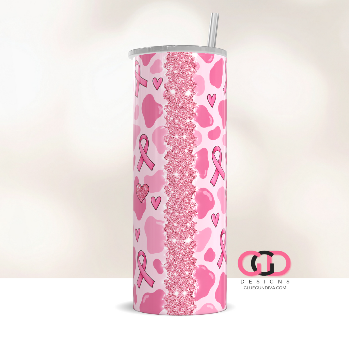 Pink Ribbon Cow Pattern - Digital tumbler wrap for 20 oz skinny straight tumbler