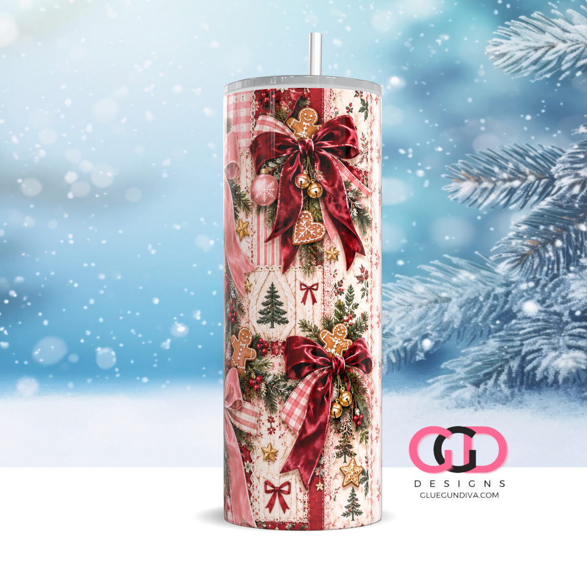 Velvet Bows Christmas -  Digital tumbler wrap for 20 oz skinny straight tumbler