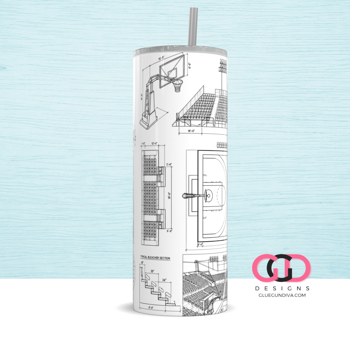 Basketball Blueprint - Digital tumbler wrap for 20 oz skinny straight tumbler