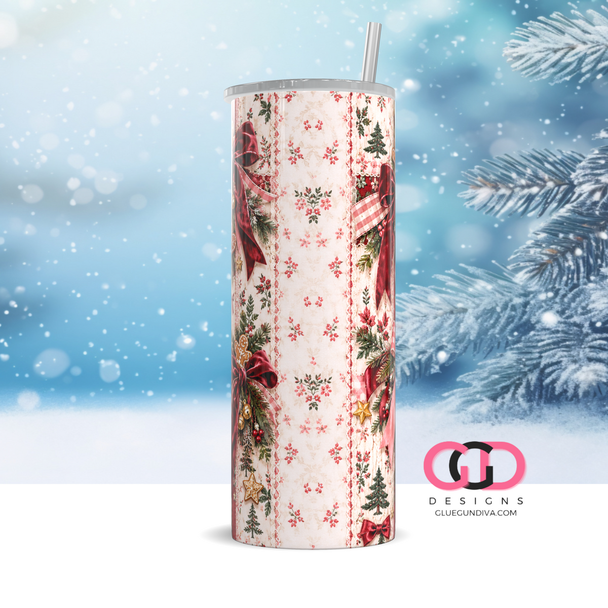 Velvet Bows Christmas -  Digital tumbler wrap for 20 oz skinny straight tumbler