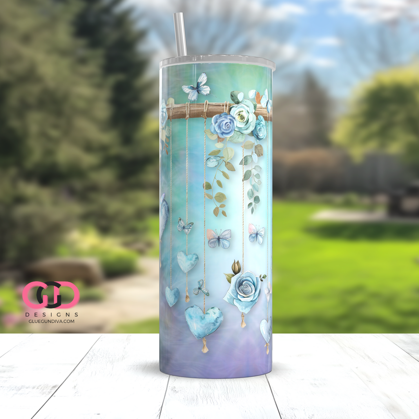 Dangling Roses and Butterflies -   Digital tumbler wrap for 20 oz skinny straight tumbler