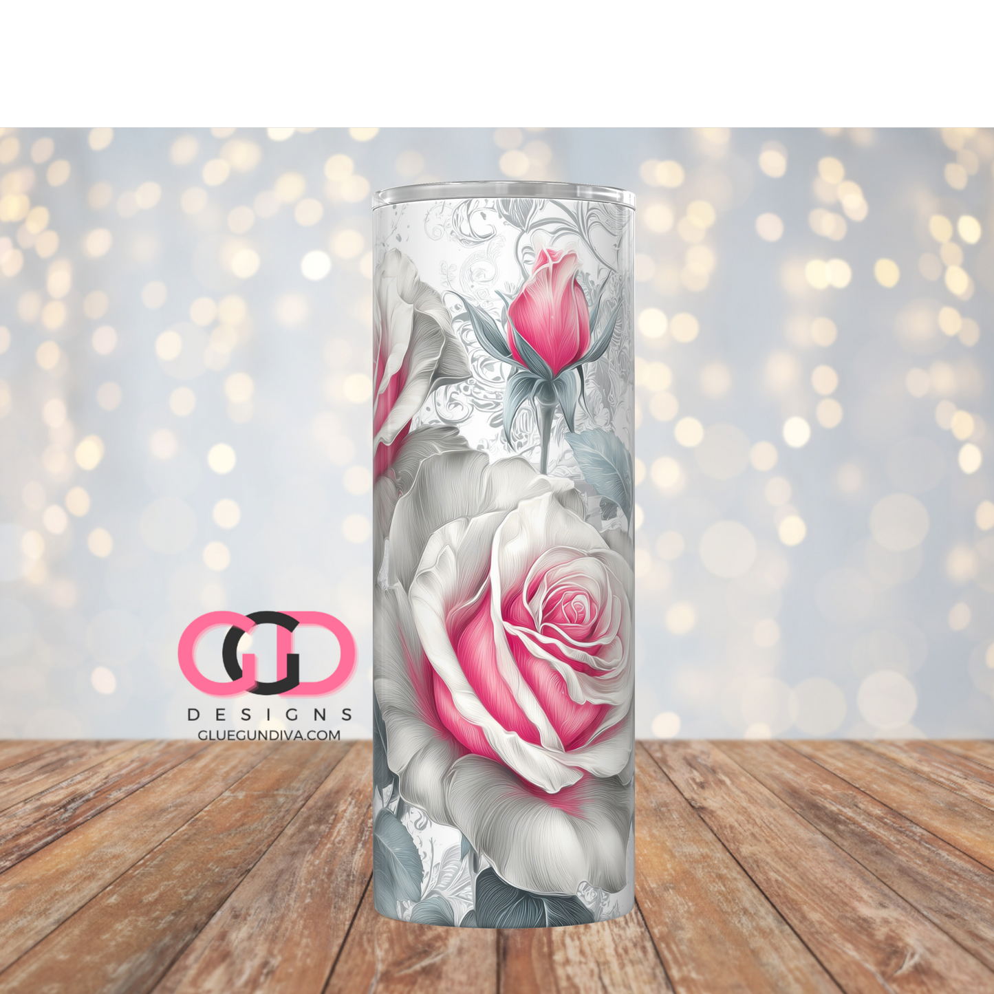Pink and White Roses-   Digital tumbler wrap for 20 oz skinny straight tumbler
